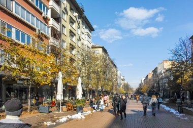 SOFYA, BULGARIA - 2 Aralık 2021: Bulgaristan 'ın Ulusal Kültür Sarayı çevresindeki Sofya Şehri' nin şaşırtıcı kış manzarası