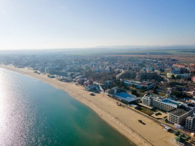 SUNNY BEACH, BULGARIA - DECEMBER 26, 2022: Amazing Aerial view of resort of Sunny Beach, Burgas Region, Bulgaria