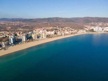 SUNNY BEACH, BULGARIA - DECEMBER 26, 2022: Amazing Aerial view of resort of Sunny Beach, Burgas Region, Bulgaria