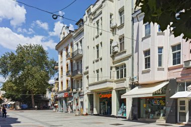 PLOVDIV, BULGARIA - AUGUST 2, 2022: Typical Street and houses at the center of city of Plovdiv, Bulgaria