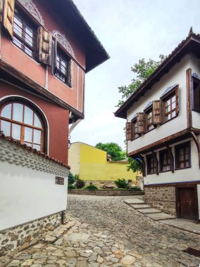 Typical street and houses at The old town of city of Plovdiv, Bulgaria