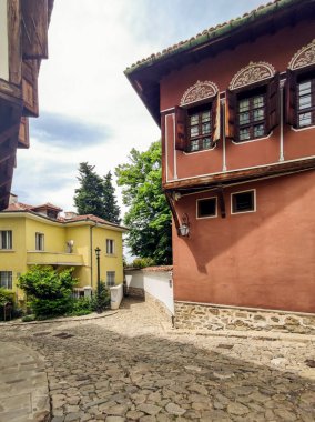 Typical street and houses at The old town of city of Plovdiv, Bulgaria