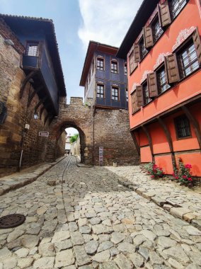 Typical street and houses at The old town of city of Plovdiv, Bulgaria