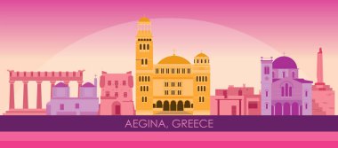 Sunset Skyline panorama of  Aegina Island, Greece - vector illustration