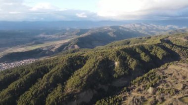 Amazing Aerial sunset view of Rhodopes mountain near village of Smolevo, Blagoevgrad region, Bulgaria