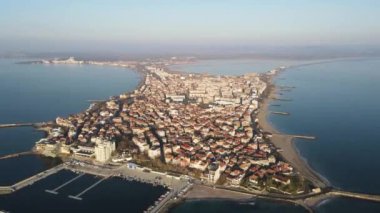 Amazing Aerial Sunrise view of town of Pomorie, Burgas Region, Bulgaria 