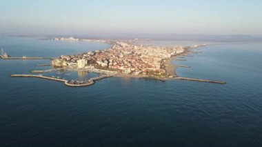 Amazing Aerial Sunrise view of town of Pomorie, Burgas Region, Bulgaria 