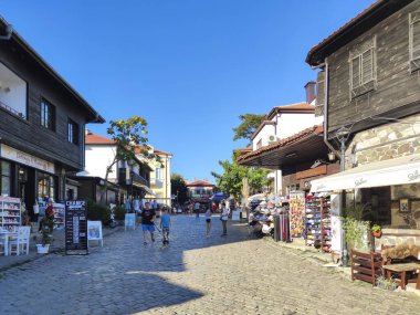 SOZOPOL, BULGARIA - SEPTEMBER 1, 2020: Typical street and houses at old town of Sozopol, Burgas Region, Bulgaria