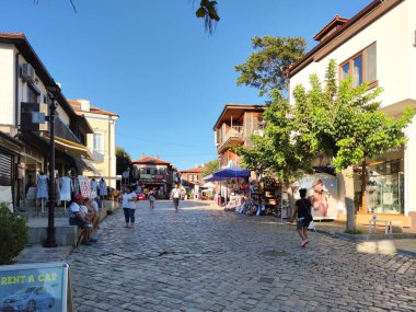 SOZOPOL, BULGARIA - SEPTEMBER 1, 2020: Typical street and houses at old town of Sozopol, Burgas Region, Bulgaria