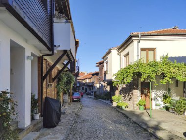 SOZOPOL, BULGARIA - SEPTEMBER 1, 2020: Typical street and houses at old town of Sozopol, Burgas Region, Bulgaria