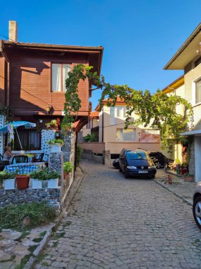 SOZOPOL, BULGARIA - SEPTEMBER 1, 2020: Typical street and houses at old town of Sozopol, Burgas Region, Bulgaria