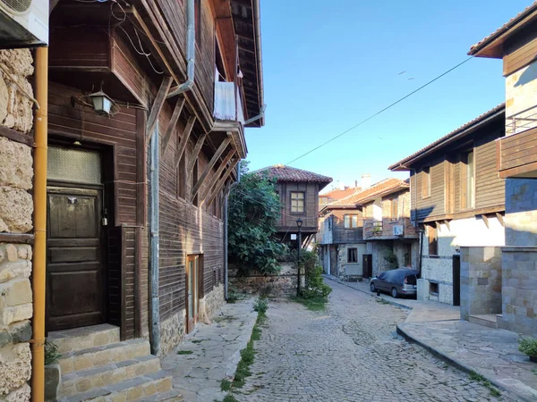 SOZOPOL, BULGARIA - SEPTEMBER 1, 2020: Typical street and houses at old town of Sozopol, Burgas Region, Bulgaria