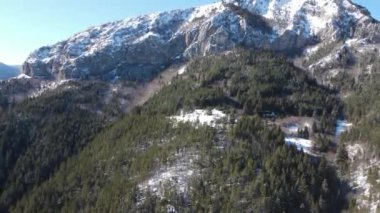 Aerial winter view of Rhodope Mountains near Kamaka (The Stone) peak, Smolyan Region, Bulgaria