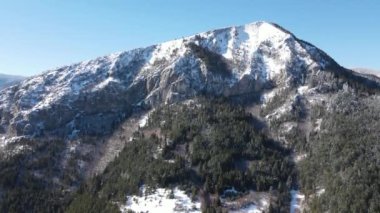 Aerial winter view of Rhodope Mountains near Kamaka (The Stone) peak, Smolyan Region, Bulgaria