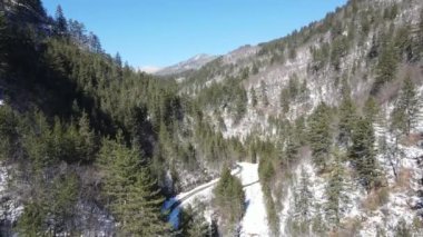 Aerial winter view of Rhodope Mountains near Kamaka (The Stone) peak, Smolyan Region, Bulgaria