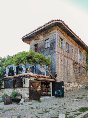 SOZOPOL, BULGARIA - SEPTEMBER 1, 2020: Typical street and houses at old town of Sozopol, Burgas Region, Bulgaria
