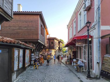 SOZOPOL, BULGARIA - SEPTEMBER 1, 2020: Typical street and houses at old town of Sozopol, Burgas Region, Bulgaria