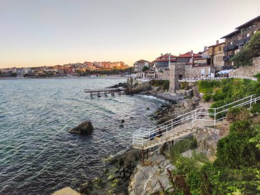 SOZOPOL, BULGARIA - SEPTEMBER 1, 2020: Typical street and houses at old town of Sozopol, Burgas Region, Bulgaria