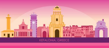 Sunset Skyline panorama of Kefalonia, Ionnian Islands, Greece - vector illustration