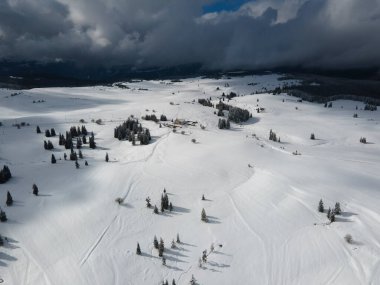 Amazing Aerial winter view of Rila mountain near Belmeken Dam, Bulgaria