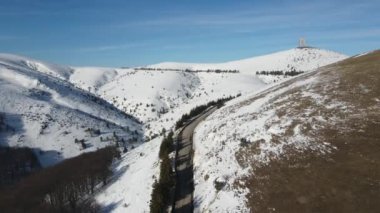 Amazing Aerial winter view of Balkan Mountains around Beklemeto pass, Bulgaria