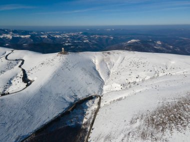 Amazing Aerial winter view of Balkan Mountains around Beklemeto pass, Bulgaria