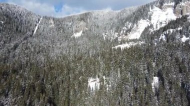 Aerial winter view of Rhodope Mountains around resort of Pamporovo, Smolyan Region, Bulgaria