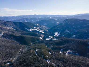 Aerial winter view of Rhodope Mountains near Persenk peak, Smolyan Region, Bulgaria