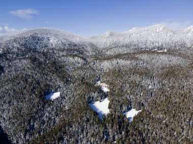 Aerial winter view of Rhodope Mountains near Persenk peak, Smolyan Region, Bulgaria