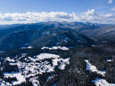 Aerial winter view of Rhodope Mountains around resort of Pamporovo, Smolyan Region, Bulgaria