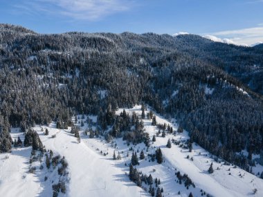 Aerial winter view of Rhodope Mountains around village of Stoykite and Pamporovo, Smolyan Region, Bulgaria