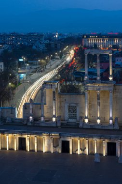 PLOVDIV, BULGARIA -FEBRUARY 24, 2023: Sunset view of Ruins of Ancient Roman theatre of Philippopolis in city of Plovdiv, Bulgaria