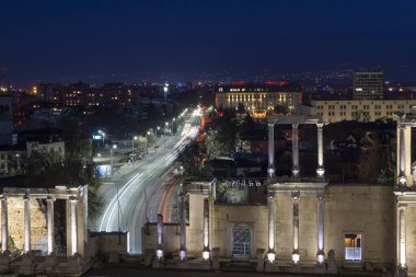 PLOVDIV, BULGARIA -FEBRUARY 24, 2023: Sunset view of Ruins of Ancient Roman theatre of Philippopolis in city of Plovdiv, Bulgaria