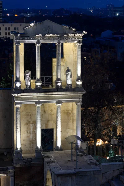 PLOVDIV, BULGARIA -FEBRUARY 24, 2023: Sunset view of Ruins of Ancient Roman theatre of Philippopolis in city of Plovdiv, Bulgaria