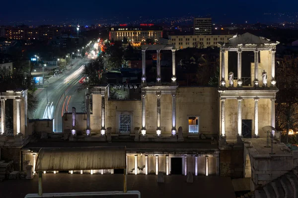 PLOVDIV, BULGARIA -FEBRUARY 24, 2023: Sunset view of Ruins of Ancient Roman theatre of Philippopolis in city of Plovdiv, Bulgaria