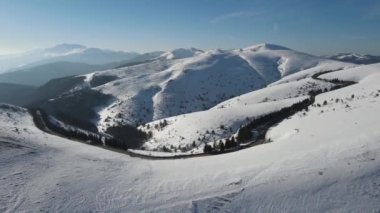 Amazing Aerial winter view of Balkan Mountains around Beklemeto pass, Bulgaria