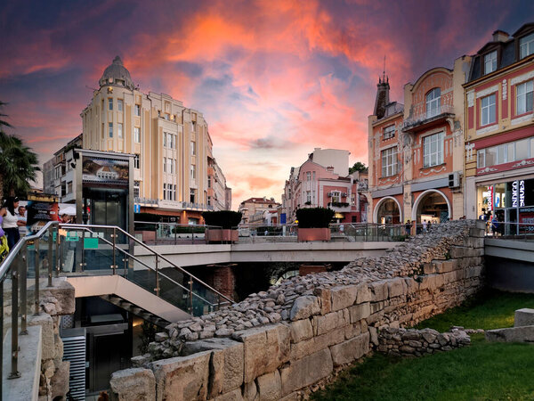 PLOVDIV, BULGARIA - SEPTEMBER 4, 2020: Typical Street and houses at the center of city of Plovdiv, Bulgaria
