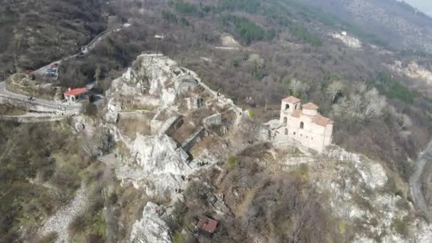 Aerial View Church Holy Mother God Ruins Medieval Asen Fortress — Stock Video