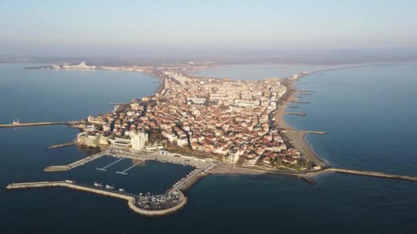 ブルガリア ブルガリア ポモリエの素晴らしい空中日の出の景色の町 — ストック動画