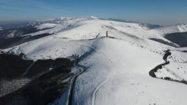 Amazing Aerial winter view of Balkan Mountains around Beklemeto pass, Bulgaria