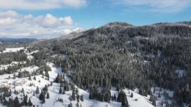 Aerial winter view of Rhodope Mountains around village of Stoykite and Pamporovo, Smolyan Region, Bulgaria