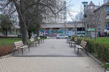SOFYA, BULGARIA - 18 Mart 2023: Bulgaristan 'ın Ulusal Kültür Sarayı çevresindeki Sofya Şehri' nin inanılmaz manzarası