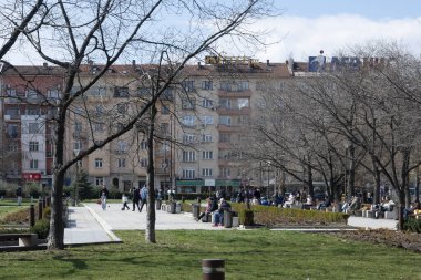 SOFYA, BULGARIA - 18 Mart 2023: Bulgaristan 'ın Ulusal Kültür Sarayı çevresindeki Sofya Şehri' nin inanılmaz manzarası