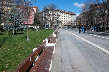 SOFYA, BULGARIA - 18 Mart 2023: Bulgaristan 'ın Ulusal Kültür Sarayı çevresindeki Sofya Şehri' nin inanılmaz manzarası