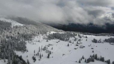 Amazing Aerial winter view of Rila mountain near Belmeken Dam, Bulgaria