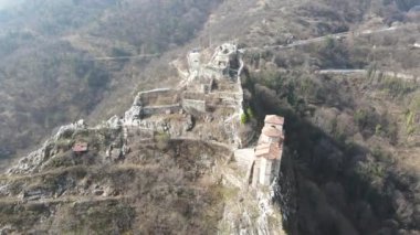 Aerial view of Church of the Holy Mother of God at ruins of Medieval Asen Fortress, Asenovgrad, Plovdiv Region, Bulgaria