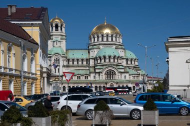 SOFYA, BULGARIA - 19 Mart 2023: Bulgaristan 'ın Sofya kentindeki Katedral Aziz Alexander Nevski' nin muhteşem manzarası