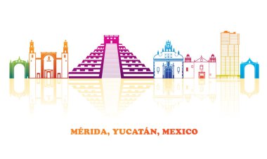 Merida, Yucatan, Meksika 'nın renkli Skyline manzarası - vektör illüstrasyonu