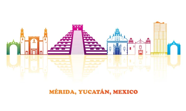 墨西哥尤卡坦梅里达市的彩色天际线全景 矢量图解 — 图库矢量图片