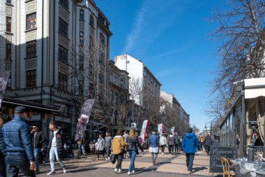 SOFYA, BULGARIA - 22 HAZİRAN 2020: Bulgaristan 'ın başkenti Sofya' daki Vitoşa yaya bulvarı Panoraması